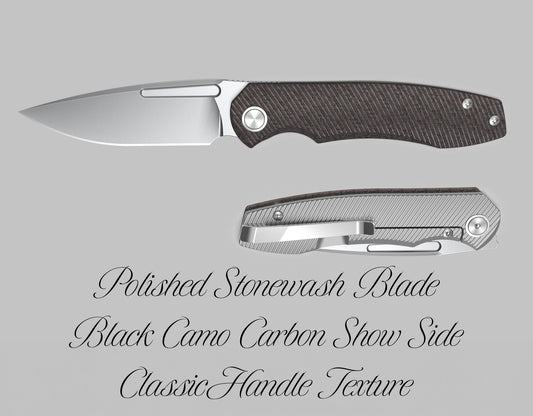 Dawn Polished Stonewash Blade / Classic Handle Texture / Black Camo Carbon Show Side Scale